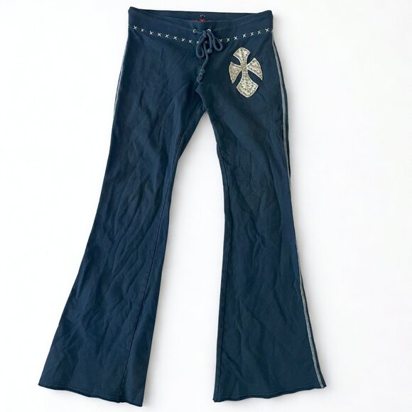 Y2K Twisted Heart Navy Blue Bedazzled Cross Flare Sweatpants Grunge VTG Size M - Picture 1 of 5